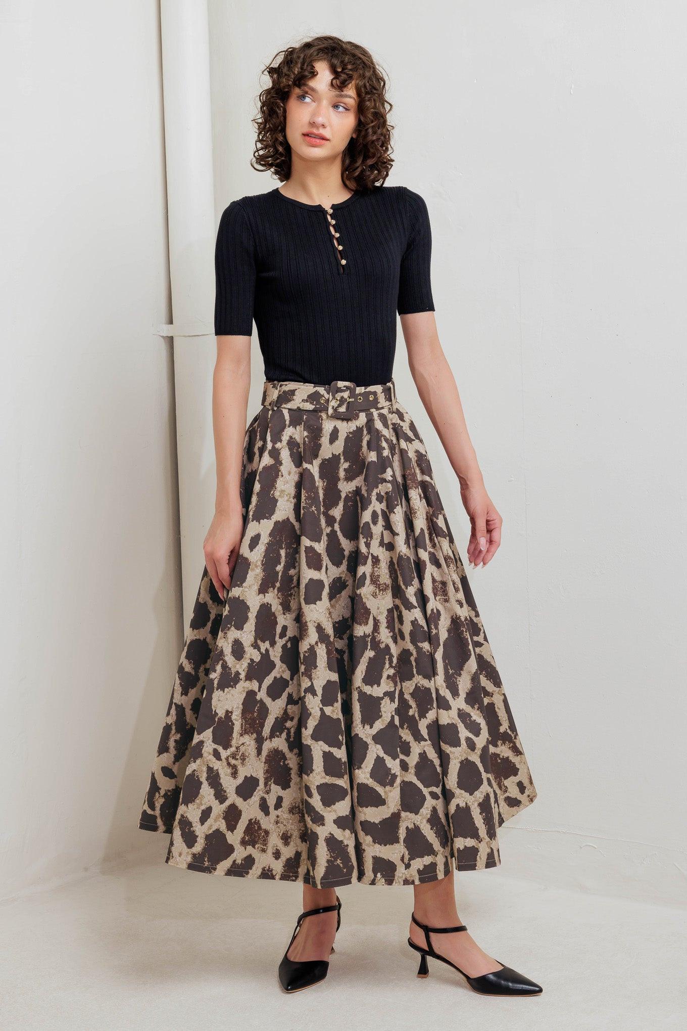 Leo Lover Woven Full Midi Skirt in brown multi, view 2 — Soul Flow Apparel