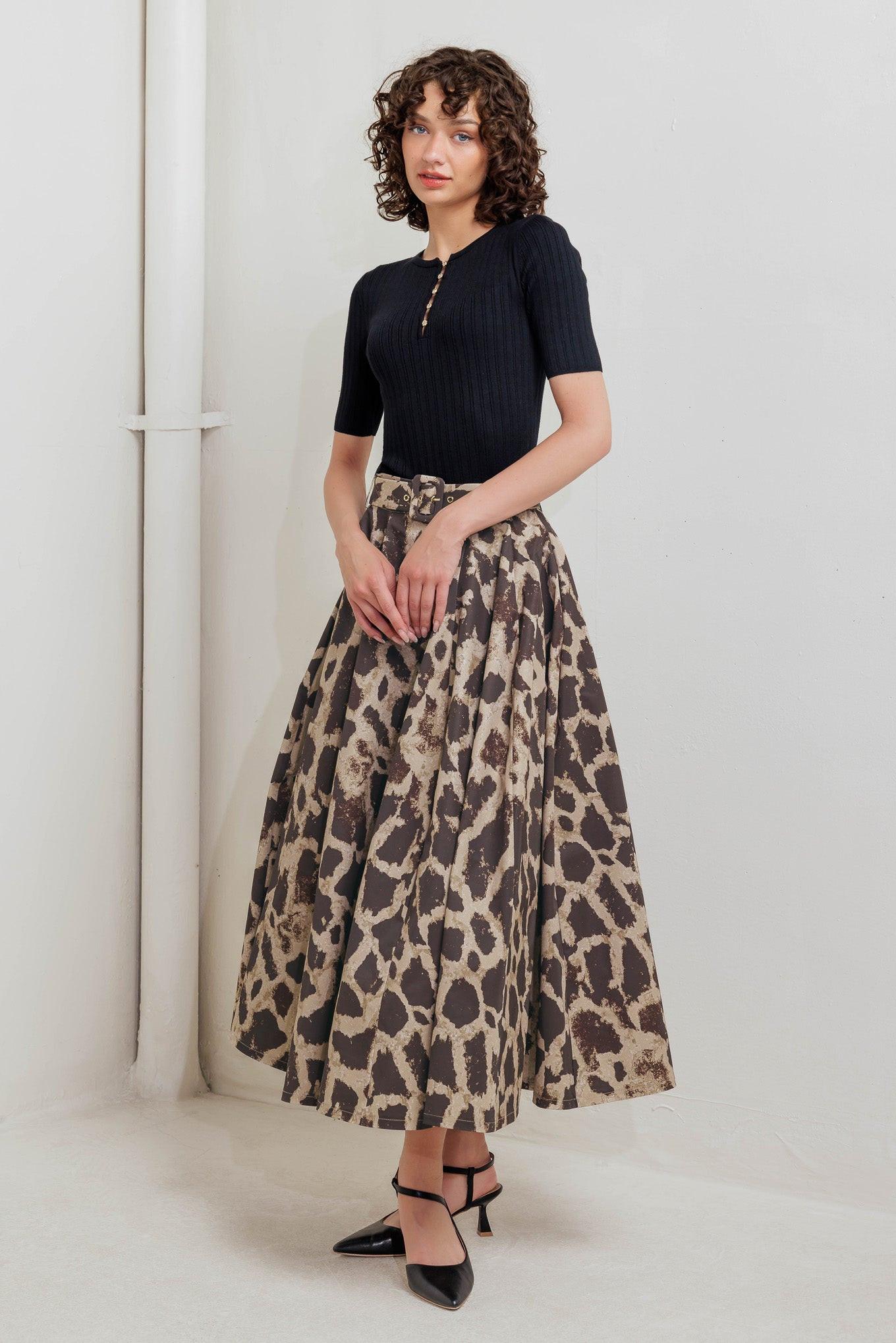 Leo Lover Woven Full Midi Skirt in brown multi, view 3 — Soul Flow Apparel