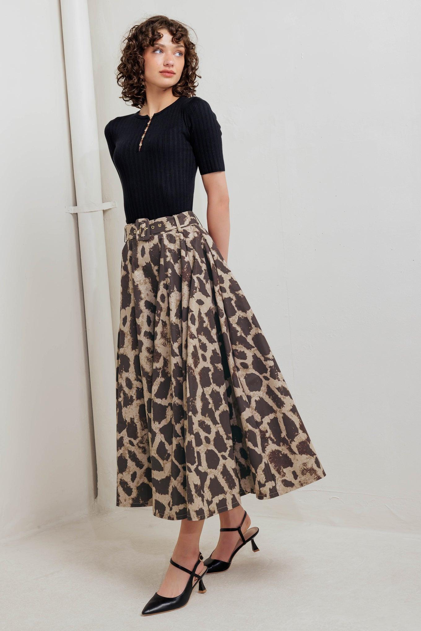 Leo Lover Woven Full Midi Skirt in brown multi, view 4 — Soul Flow Apparel