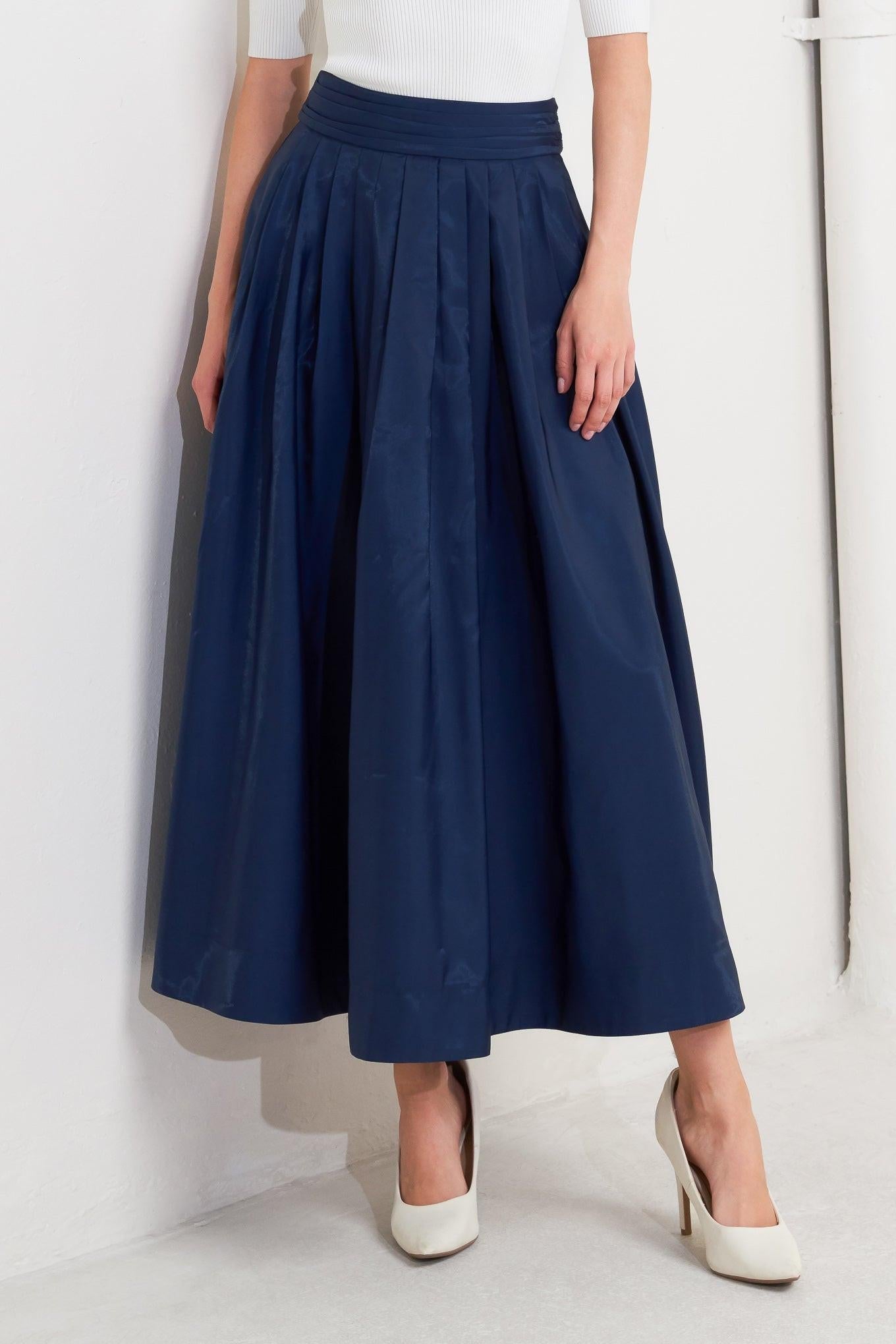 Luxe Flare Woven Pleated Midi Skirt in navy, view 1 — Soul Flow Apparel