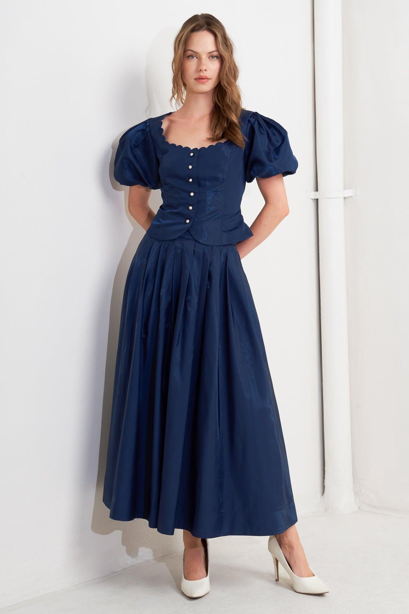Luxe Flare Woven Pleated Midi Skirt in navy, view 2 — Soul Flow Apparel