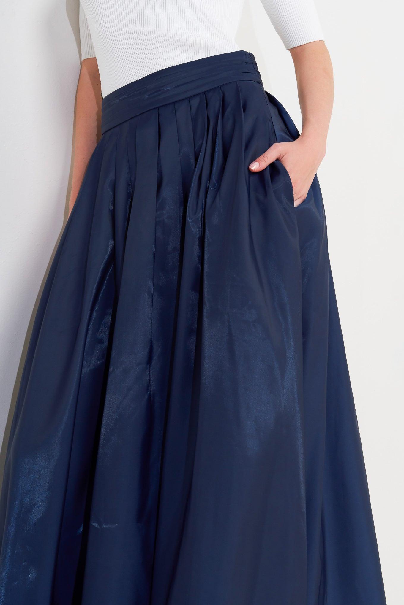Luxe Flare Woven Pleated Midi Skirt in navy, view 3 — Soul Flow Apparel