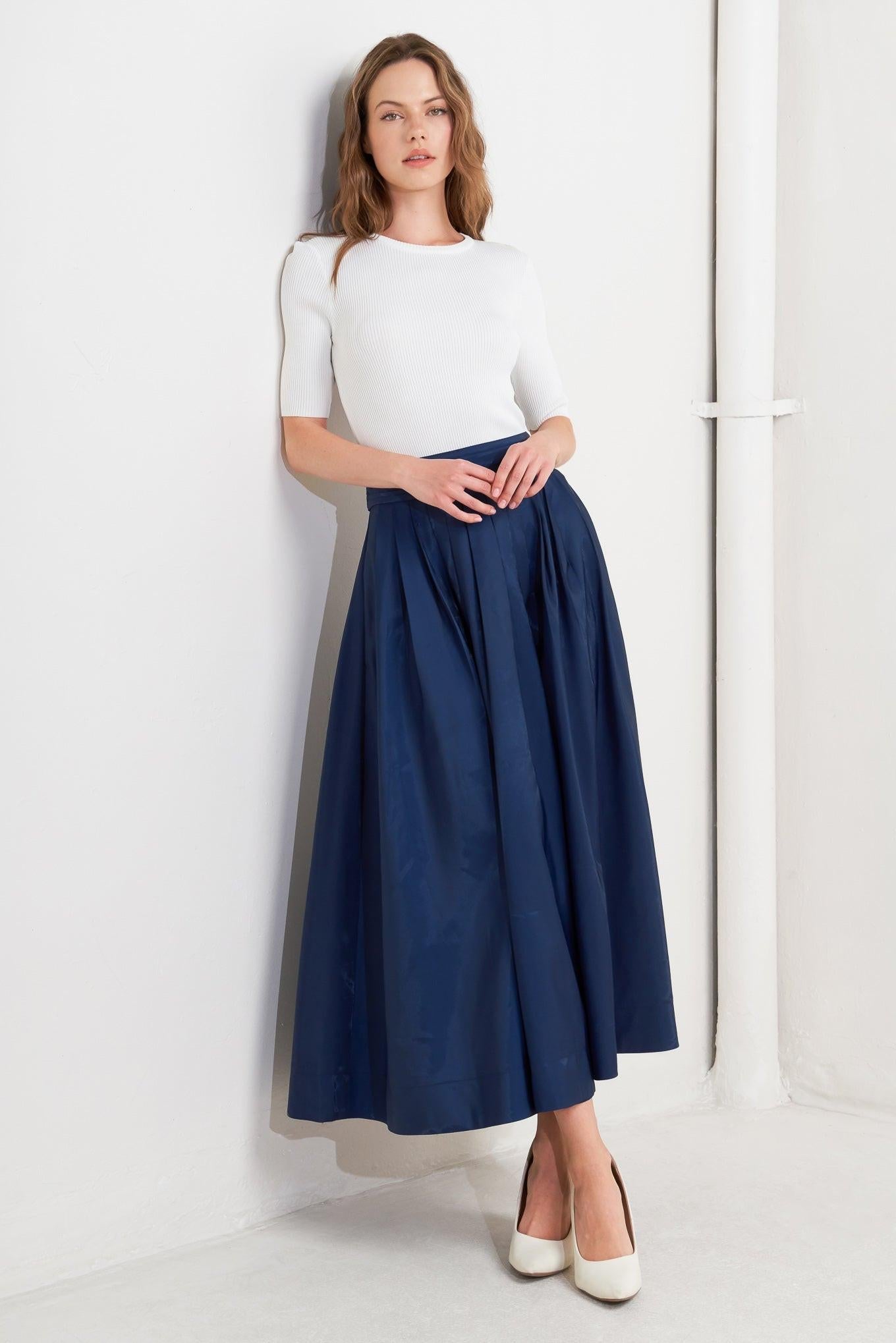 Luxe Flare Woven Pleated Midi Skirt in navy, view 4 — Soul Flow Apparel