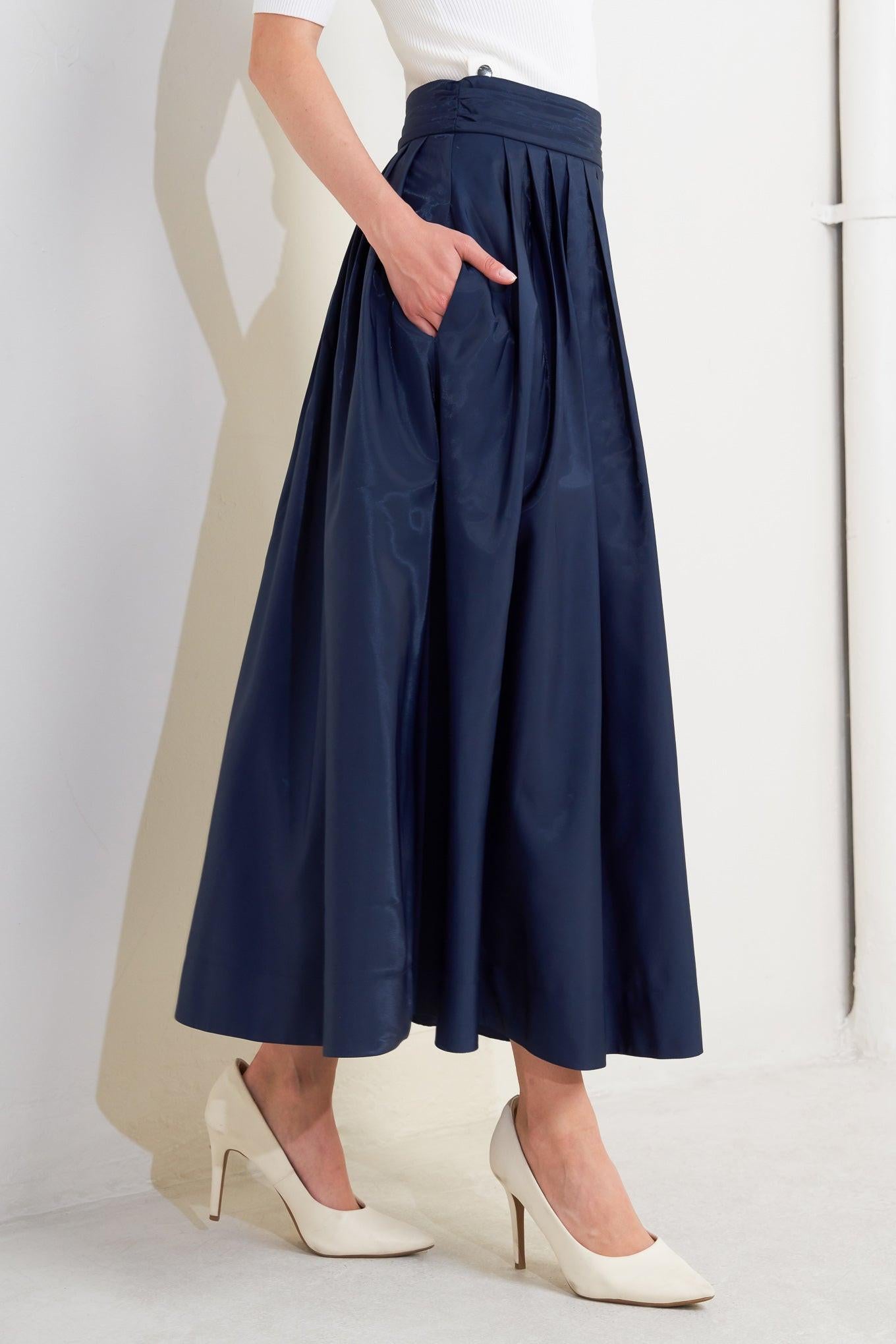 Luxe Flare Woven Pleated Midi Skirt in navy, view 6 — Soul Flow Apparel