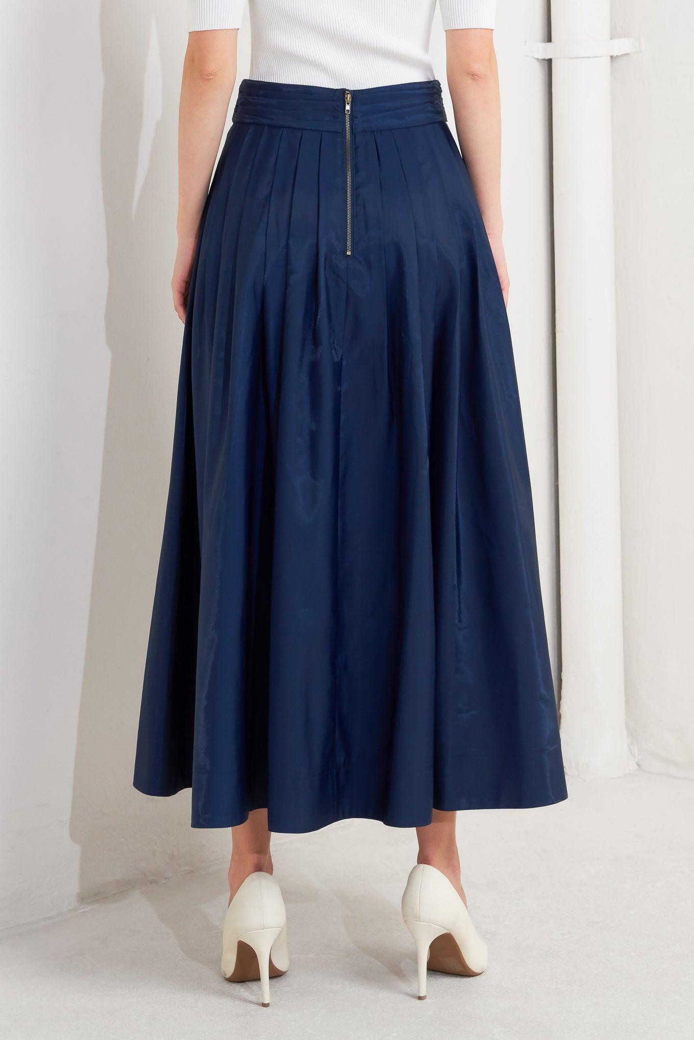 Luxe Flare Woven Pleated Midi Skirt in navy, view 7 — Soul Flow Apparel