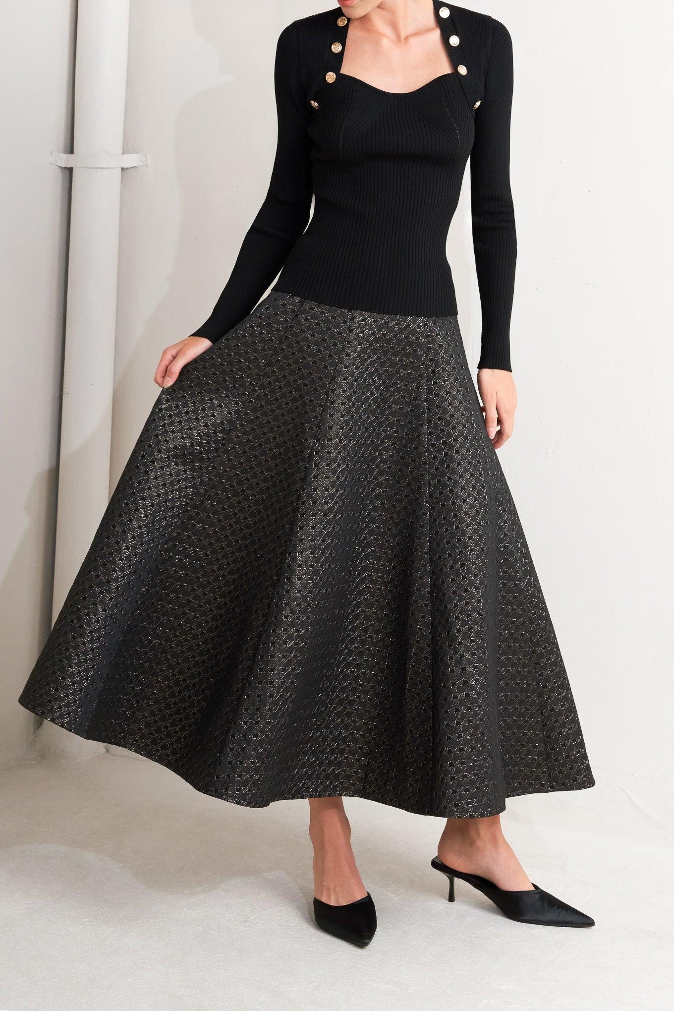Evening Sculpt Metallic Woven Circle Skirt in black gold, view 2 — Soul Flow Apparel
