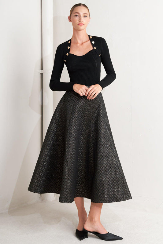 Evening Sculpt Metallic Woven Circle Skirt in black gold, view 3 — Soul Flow Apparel