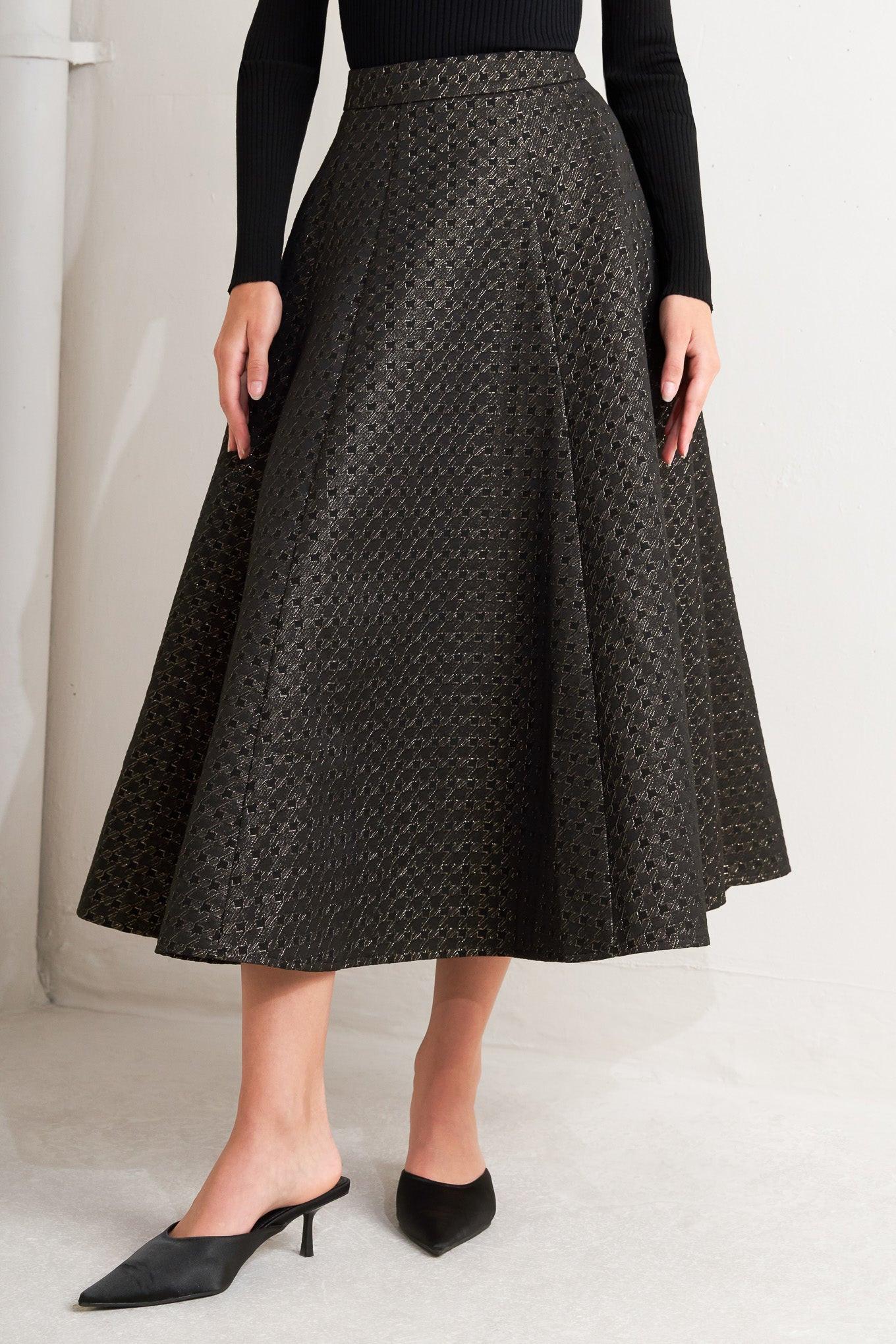 Evening Sculpt Metallic Woven Circle Skirt in black gold, view 4 — Soul Flow Apparel