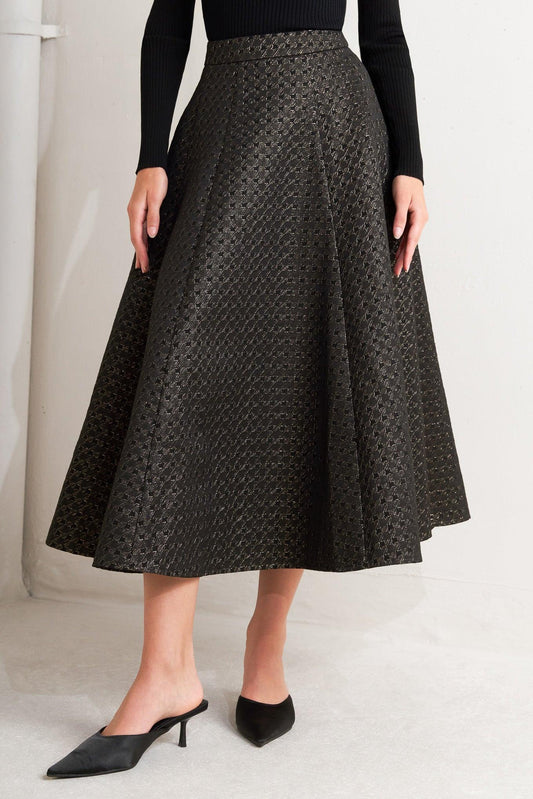 Evening Sculpt Metallic Woven Circle Skirt in black gold, view 4 — Soul Flow Apparel