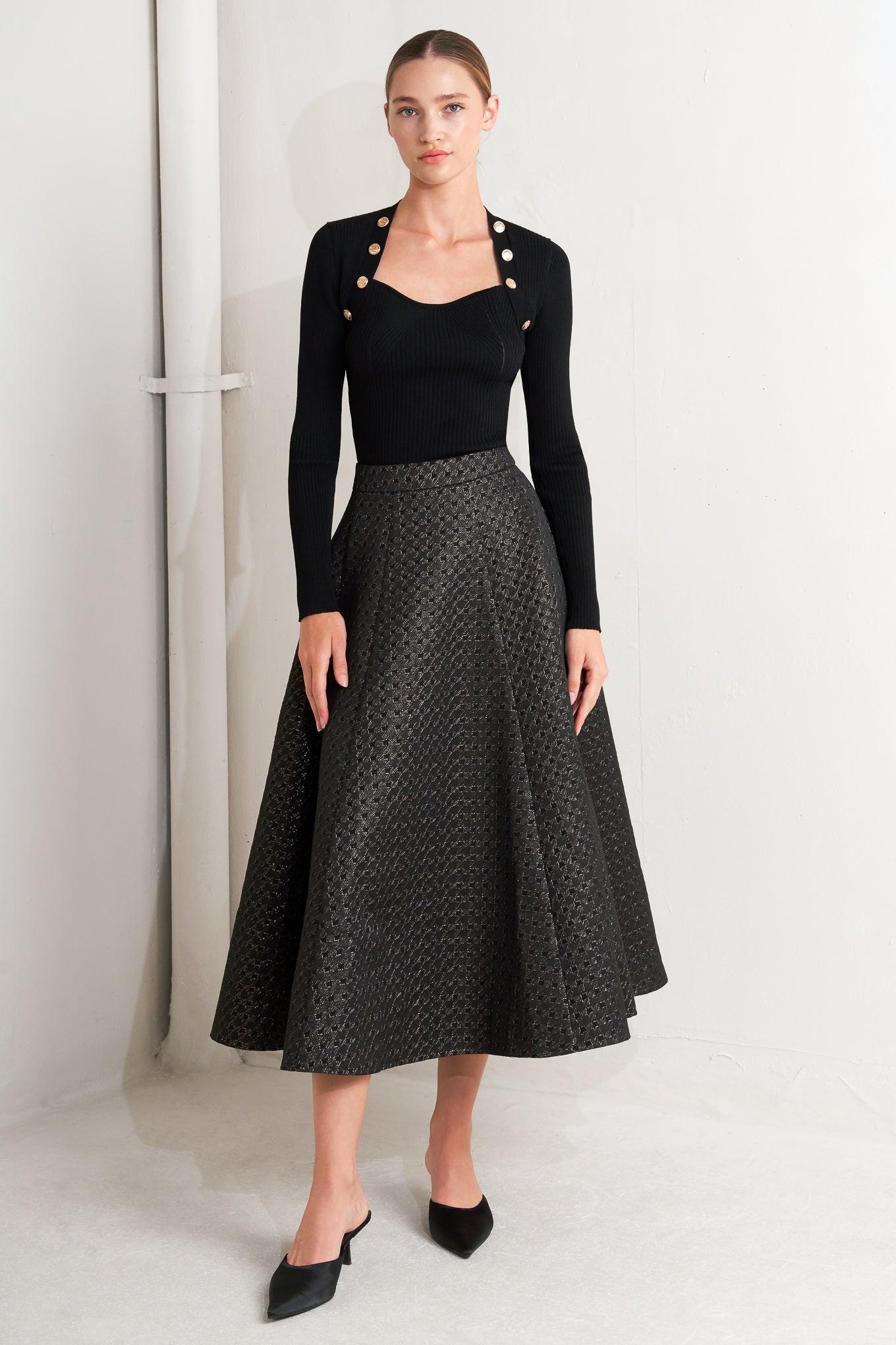 Evening Sculpt Metallic Woven Circle Skirt in black gold, view 7 — Soul Flow Apparel