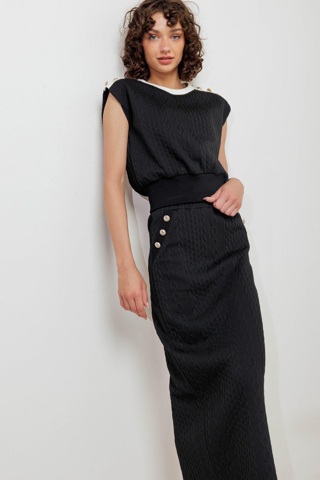 Urban Luxe Command Knit Midi Skirt in black, view 10 — Soul Flow Apparel