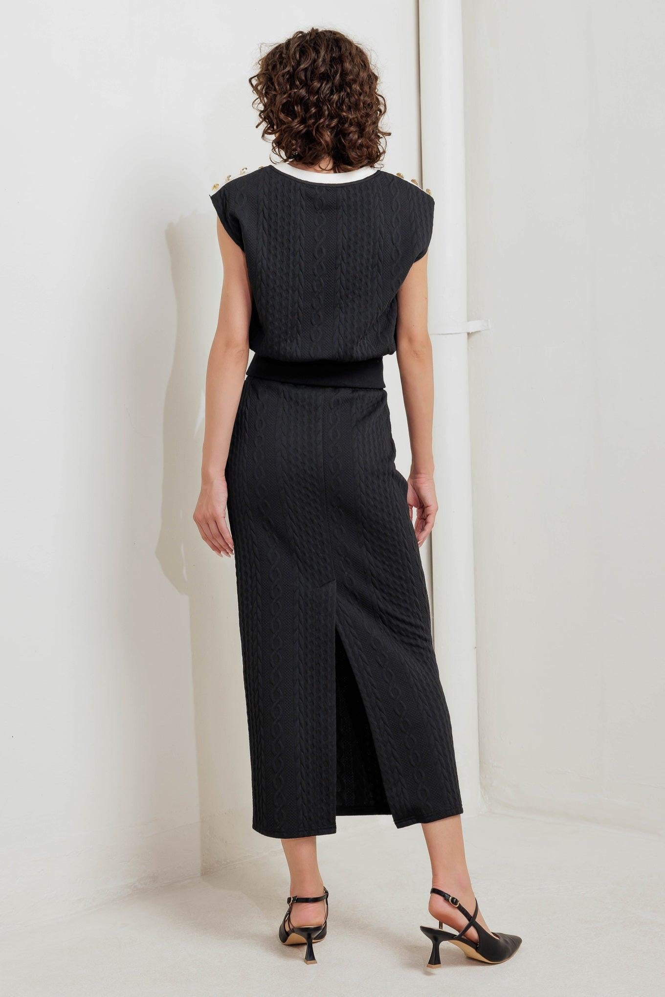Urban Luxe Command Knit Midi Skirt in black, view 11 — Soul Flow Apparel