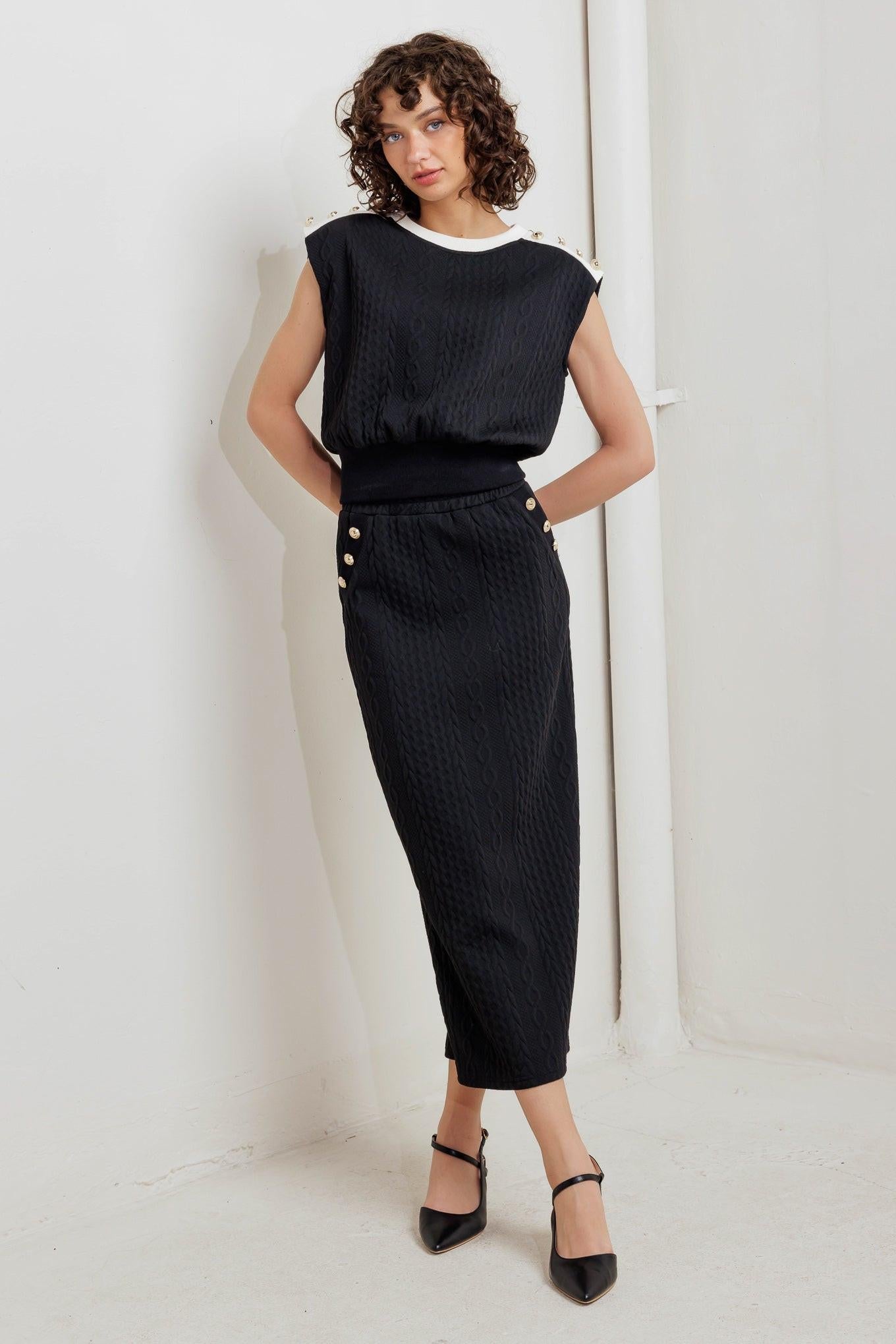 Urban Luxe Command Knit Midi Skirt in black, view 1 — Soul Flow Apparel