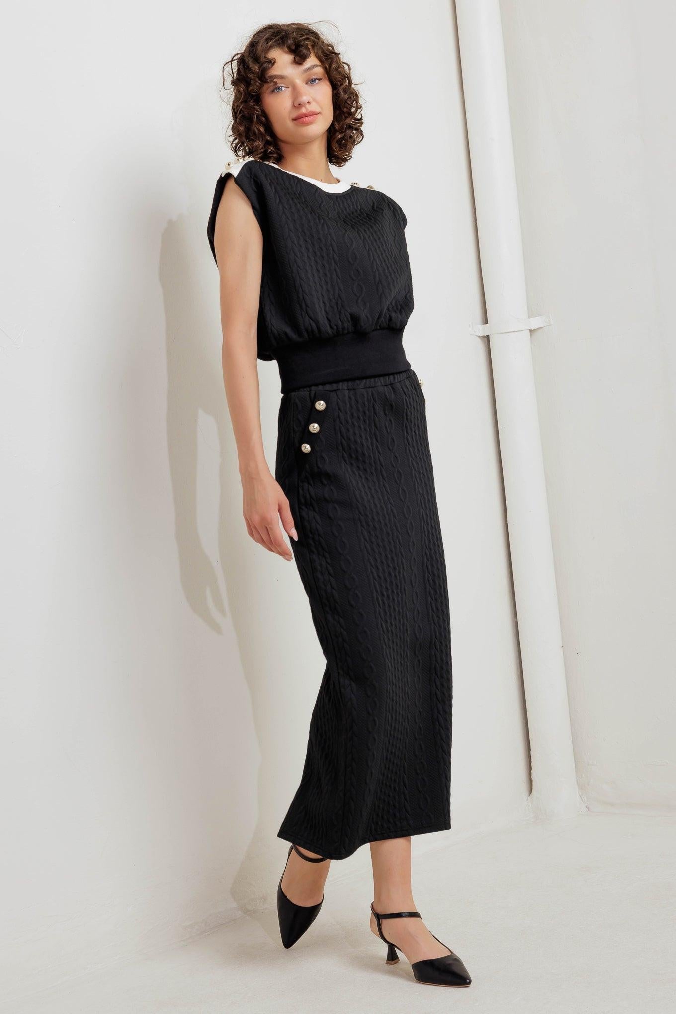 Urban Luxe Command Knit Midi Skirt in black, view 5 — Soul Flow Apparel
