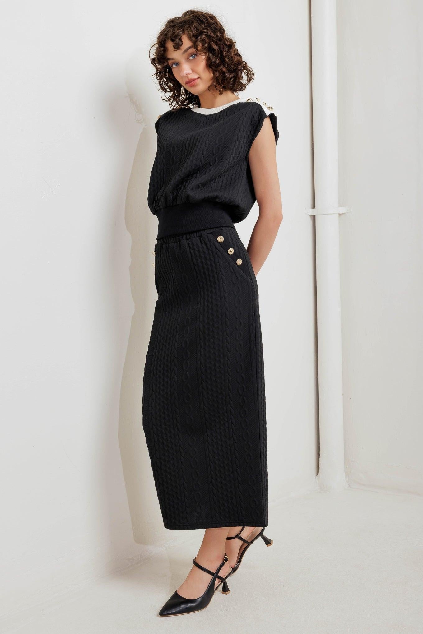 Urban Luxe Command Knit Midi Skirt in black, view 7 — Soul Flow Apparel