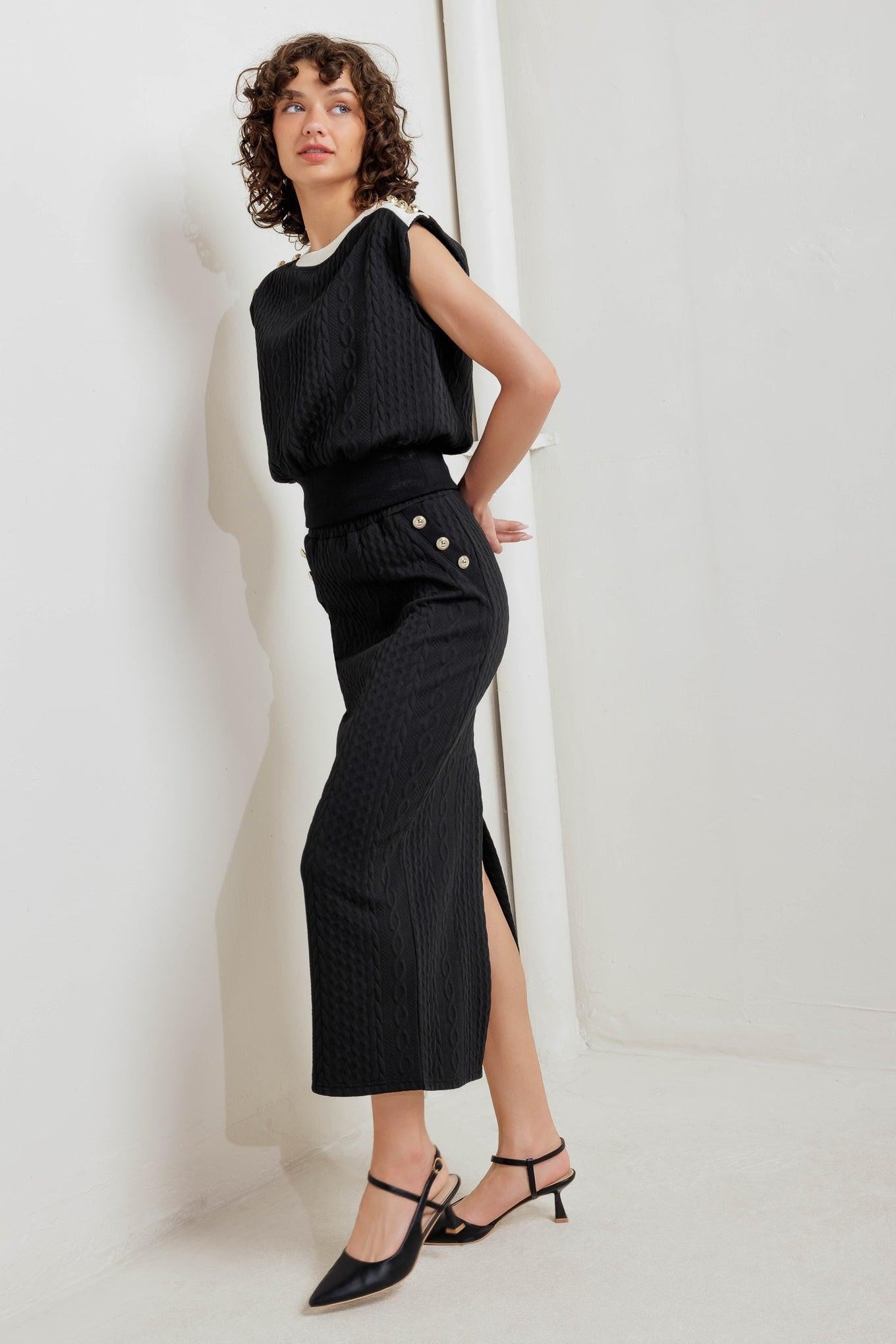 Urban Luxe Command Knit Midi Skirt in black, view 8 — Soul Flow Apparel