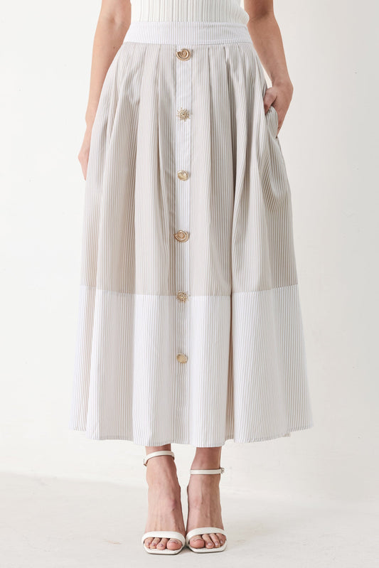 Coastal Light Woven Midi Skirt in taupe white, view 1 — Soul Flow Apparel