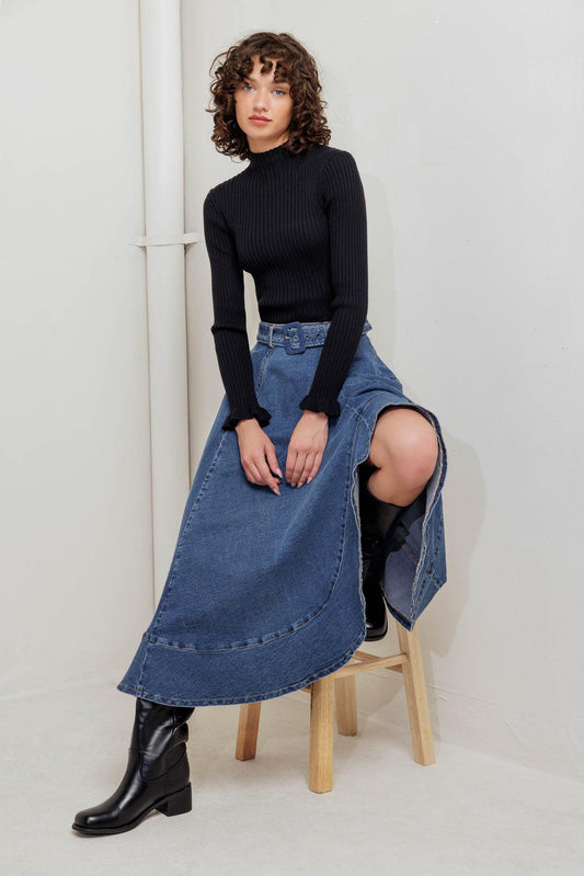 Cowboy Curve Denim Midi Skirt in medium indigo, view 6 — Soul Flow Apparel