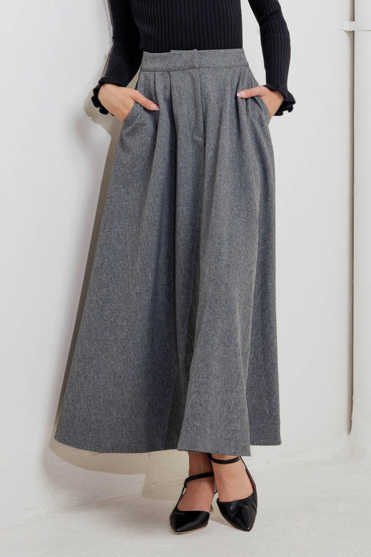 Timeless Look Woven Midi Circle Skirt in h.charcoal, view 4 — Soul Flow Apparel