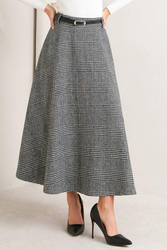 City Checkline Woolen Woven Midi Skirt in black white, view 1 — Soul Flow Apparel