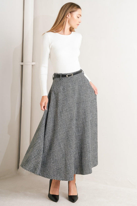 City Checkline Woolen Woven Midi Skirt in black white, view 2 — Soul Flow Apparel