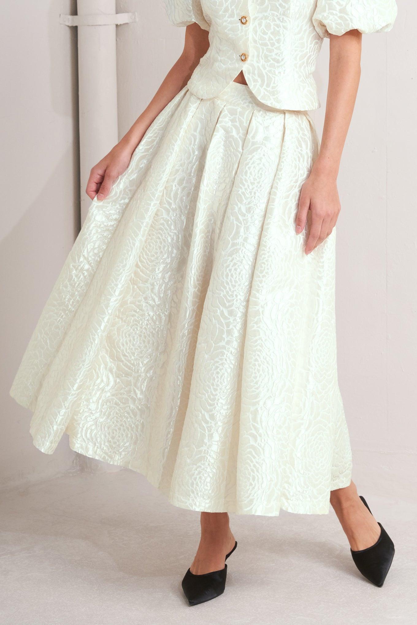 Rosé Texture Woven Full Midi Skirt in cream, view 1 — Soul Flow Apparel
