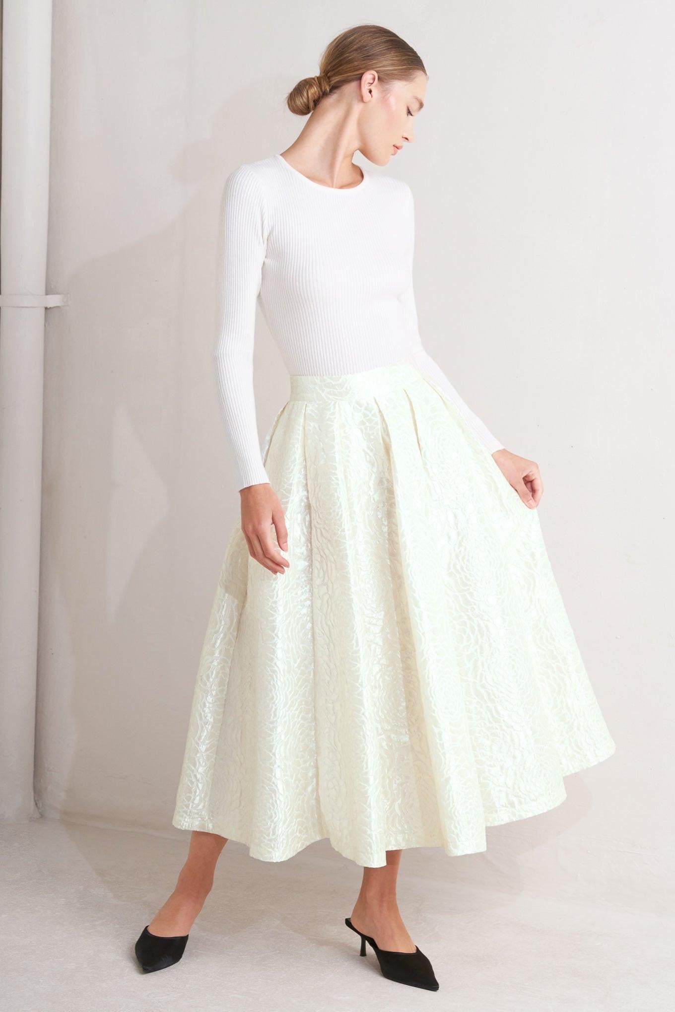 Rosé Texture Woven Full Midi Skirt in cream, view 5 — Soul Flow Apparel