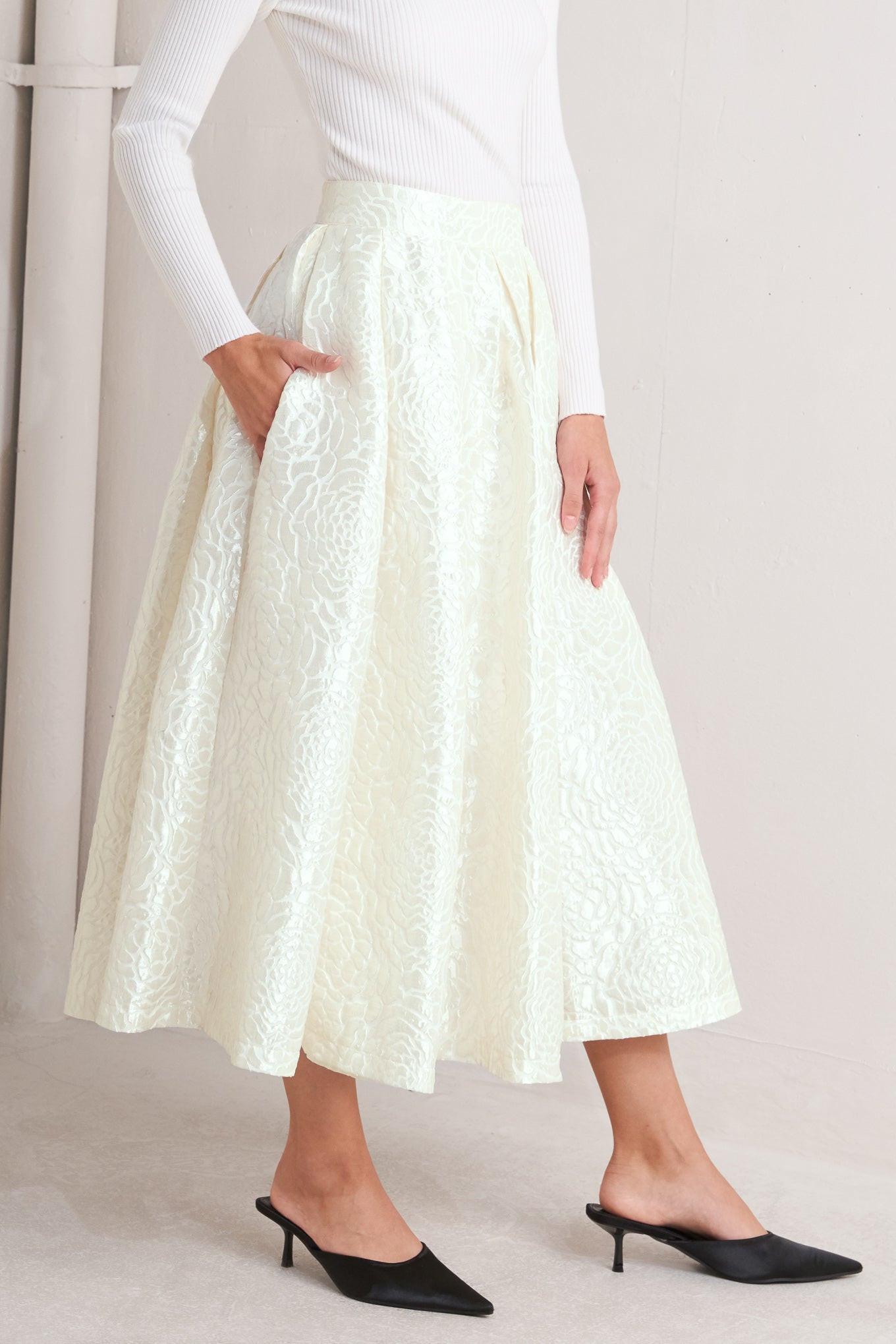 Rosé Texture Woven Full Midi Skirt in cream, view 6 — Soul Flow Apparel