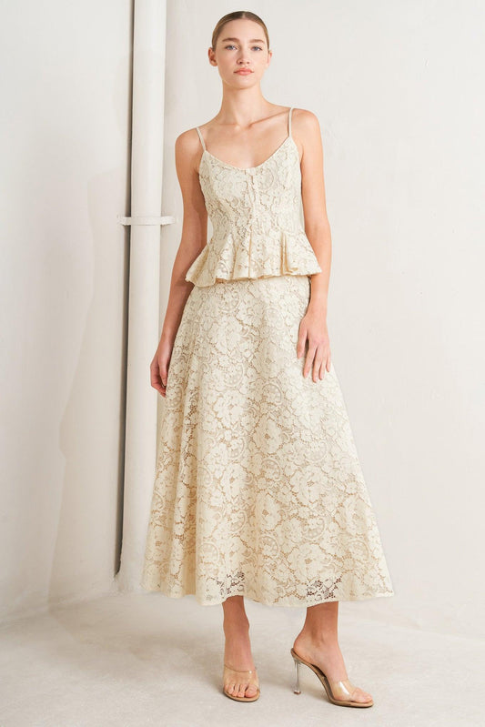 Purely Romantic Woven Lace Midi Skirt in cream, view 1 — Soul Flow Apparel