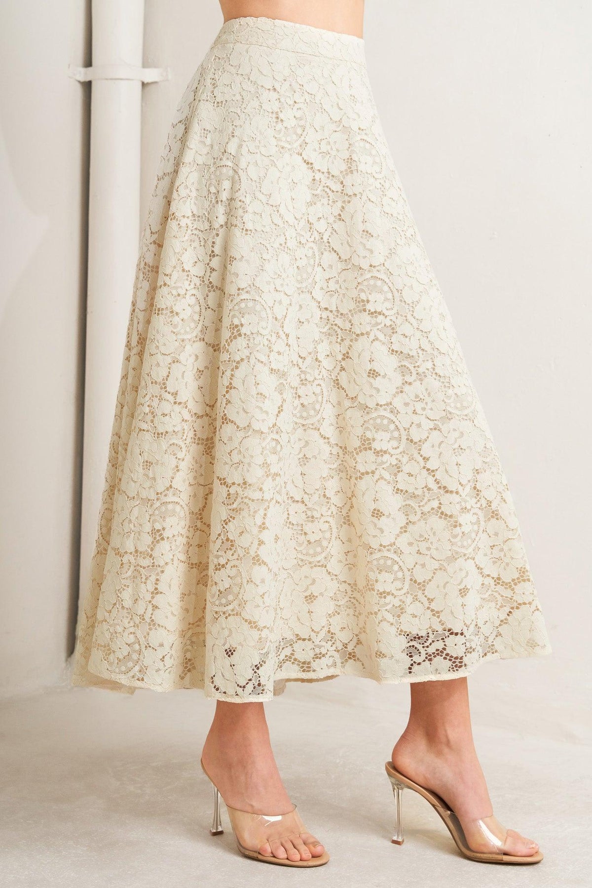 Purely Romantic Woven Lace Midi Skirt in cream, view 4 — Soul Flow Apparel