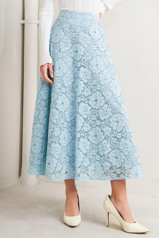 Purely Romantic Woven Lace Midi Skirt in light blue, view 1 — Soul Flow Apparel