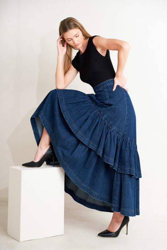 Sunday Stroll Denim Maxi Skirt in indigo, view 6 — Soul Flow Apparel