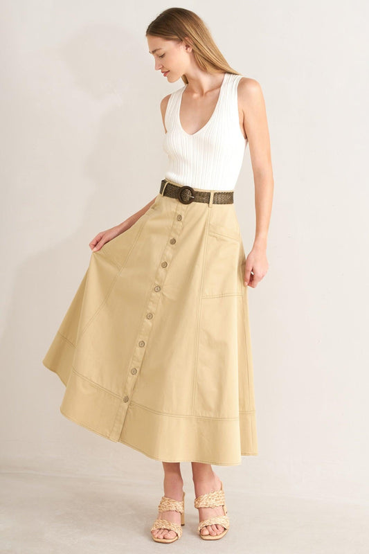 Sand Breeze Woven Midi Skirt in khaki, view 2 — Soul Flow Apparel