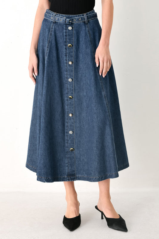 Sweet Talker Denim Circle Midi Skirt in indigo, view 1 — Soul Flow Apparel