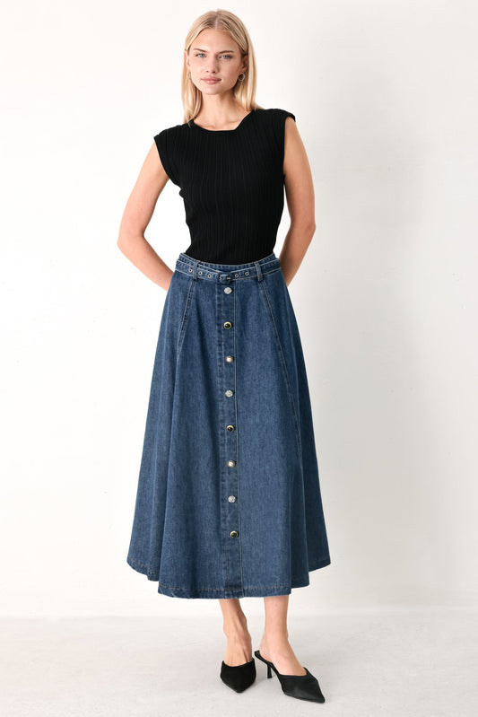 Sweet Talker Denim Circle Midi Skirt in indigo, view 7 — Soul Flow Apparel