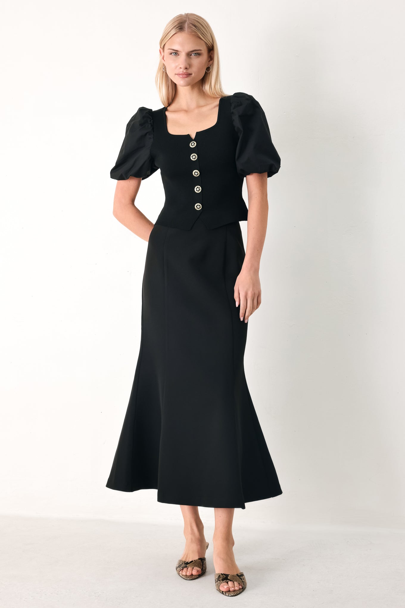 Everyday Perfection Woven Midi Skirt in black, view 2 — Soul Flow Apparel