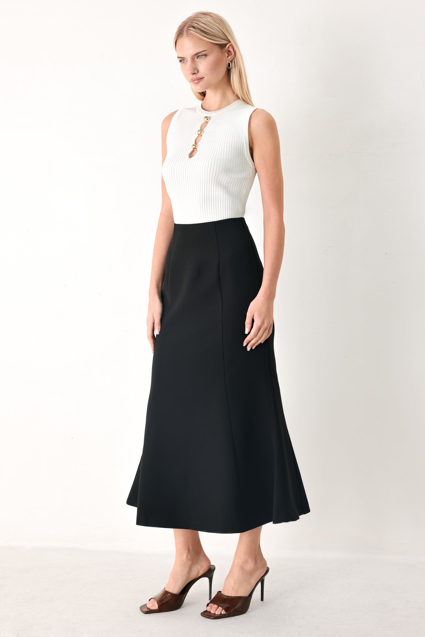 Everyday Perfection Woven Midi Skirt in black, view 4 — Soul Flow Apparel