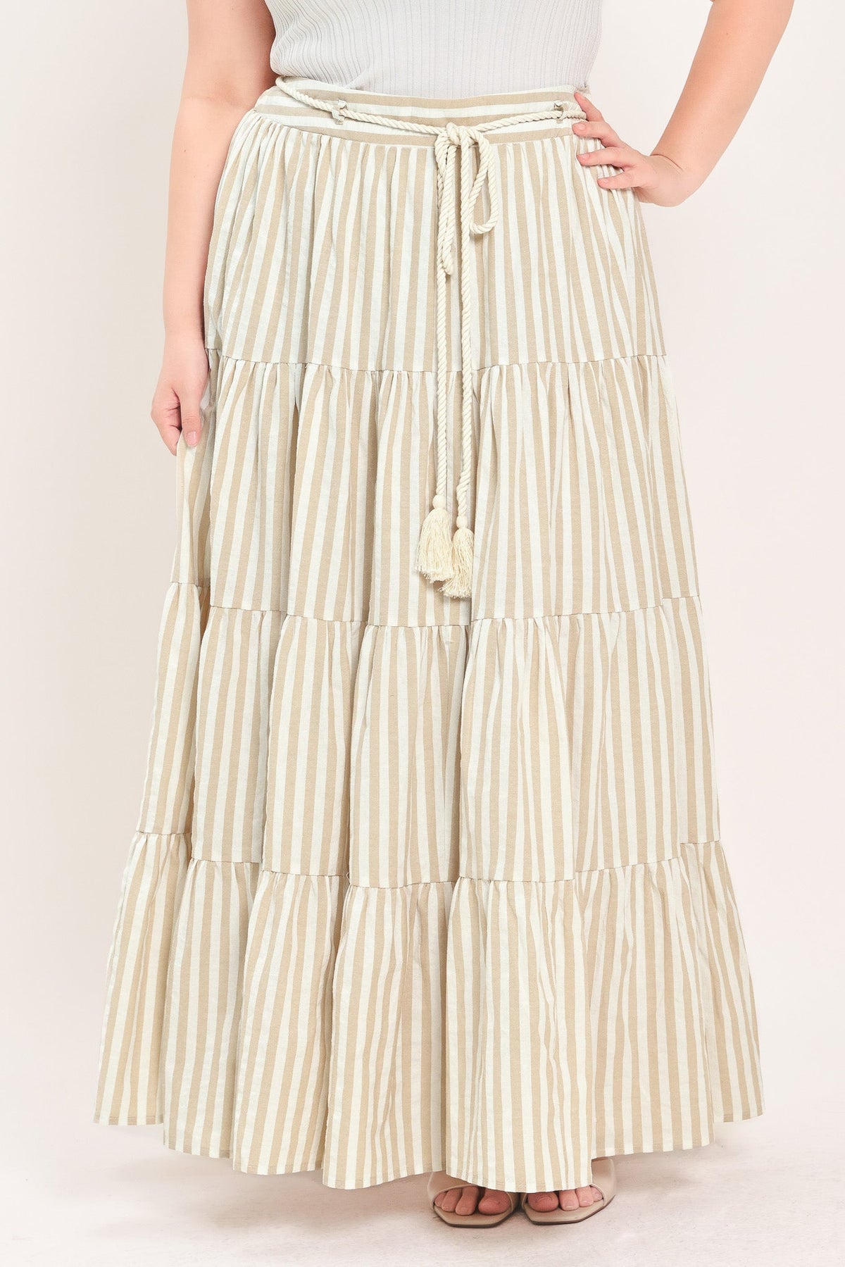 Hamptons Weekend Woven Maxi Skirt in taupe white, view 1 — Soul Flow Apparel
