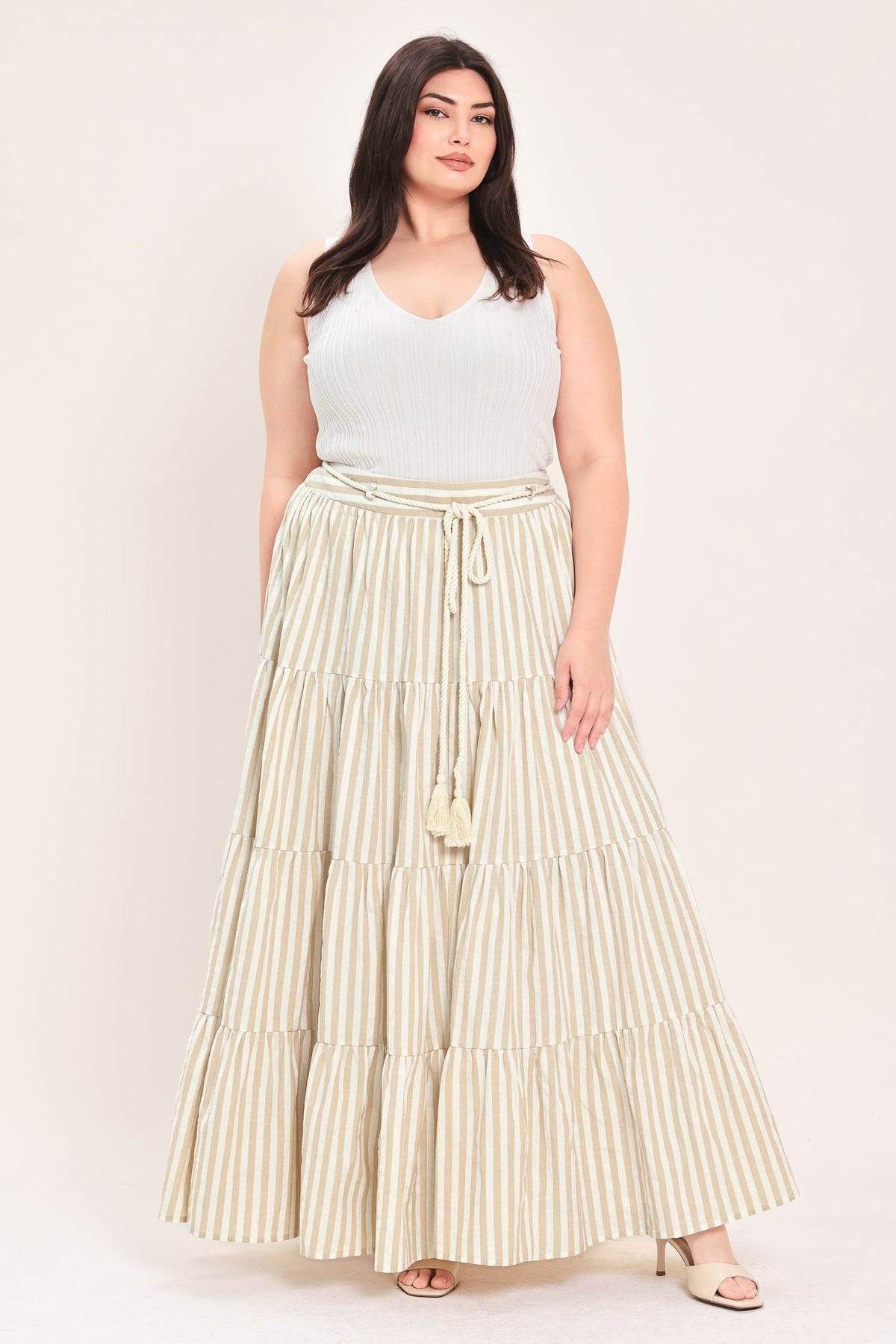 Hamptons Weekend Woven Maxi Skirt in taupe white, view 2 — Soul Flow Apparel