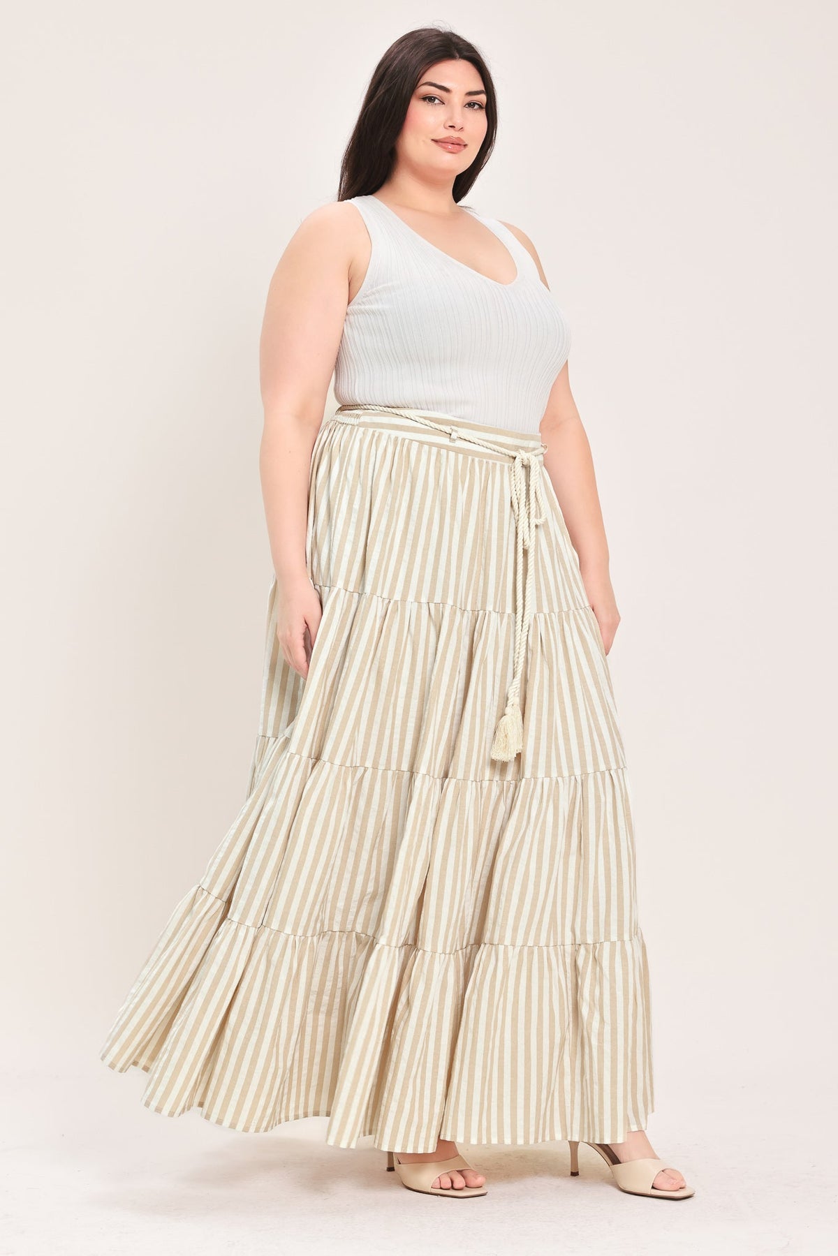Hamptons Weekend Woven Maxi Skirt in taupe white, view 3 — Soul Flow Apparel