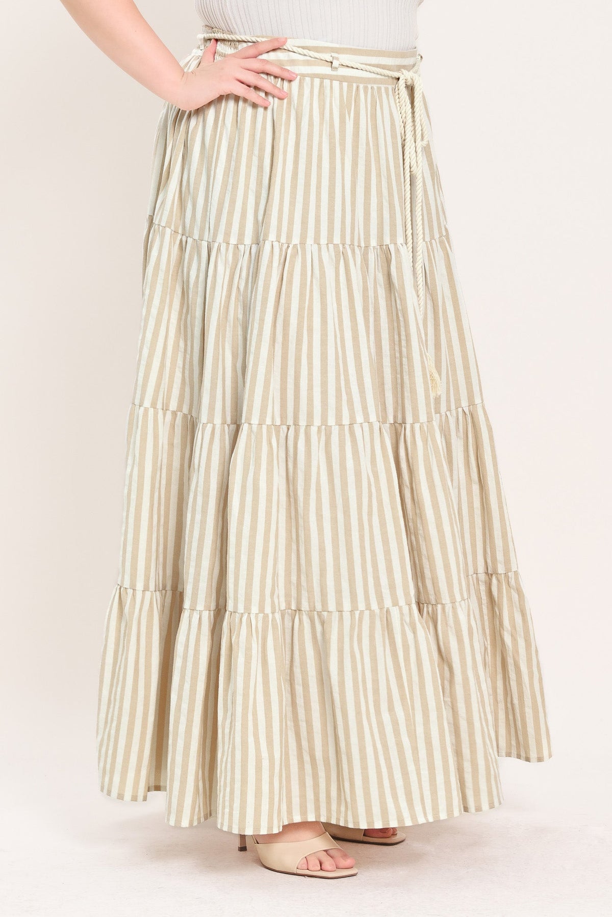 Hamptons Weekend Woven Maxi Skirt in taupe white, view 4 — Soul Flow Apparel