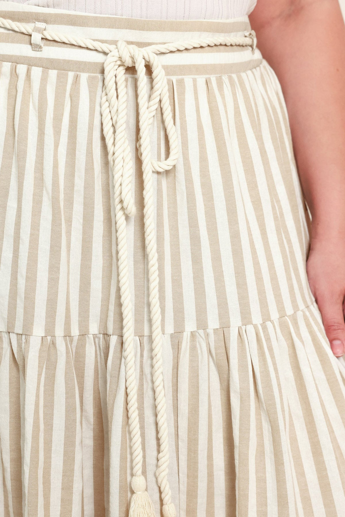 Hamptons Weekend Woven Maxi Skirt in taupe white, view 5 — Soul Flow Apparel