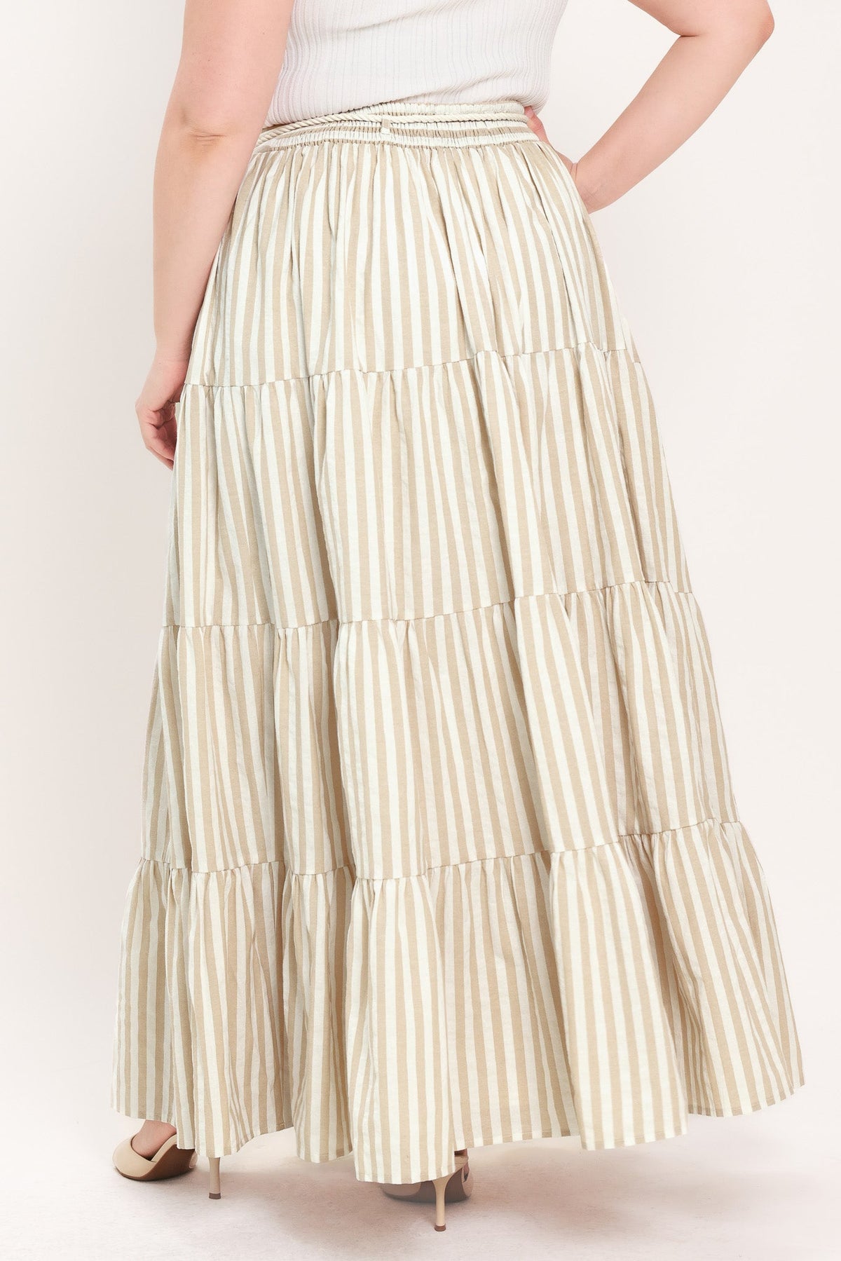 Hamptons Weekend Woven Maxi Skirt in taupe white, view 6 — Soul Flow Apparel