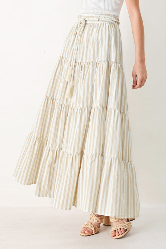 Hamptons Weekend Woven Maxi Skirt in taupe white, view 1 — Soul Flow Apparel