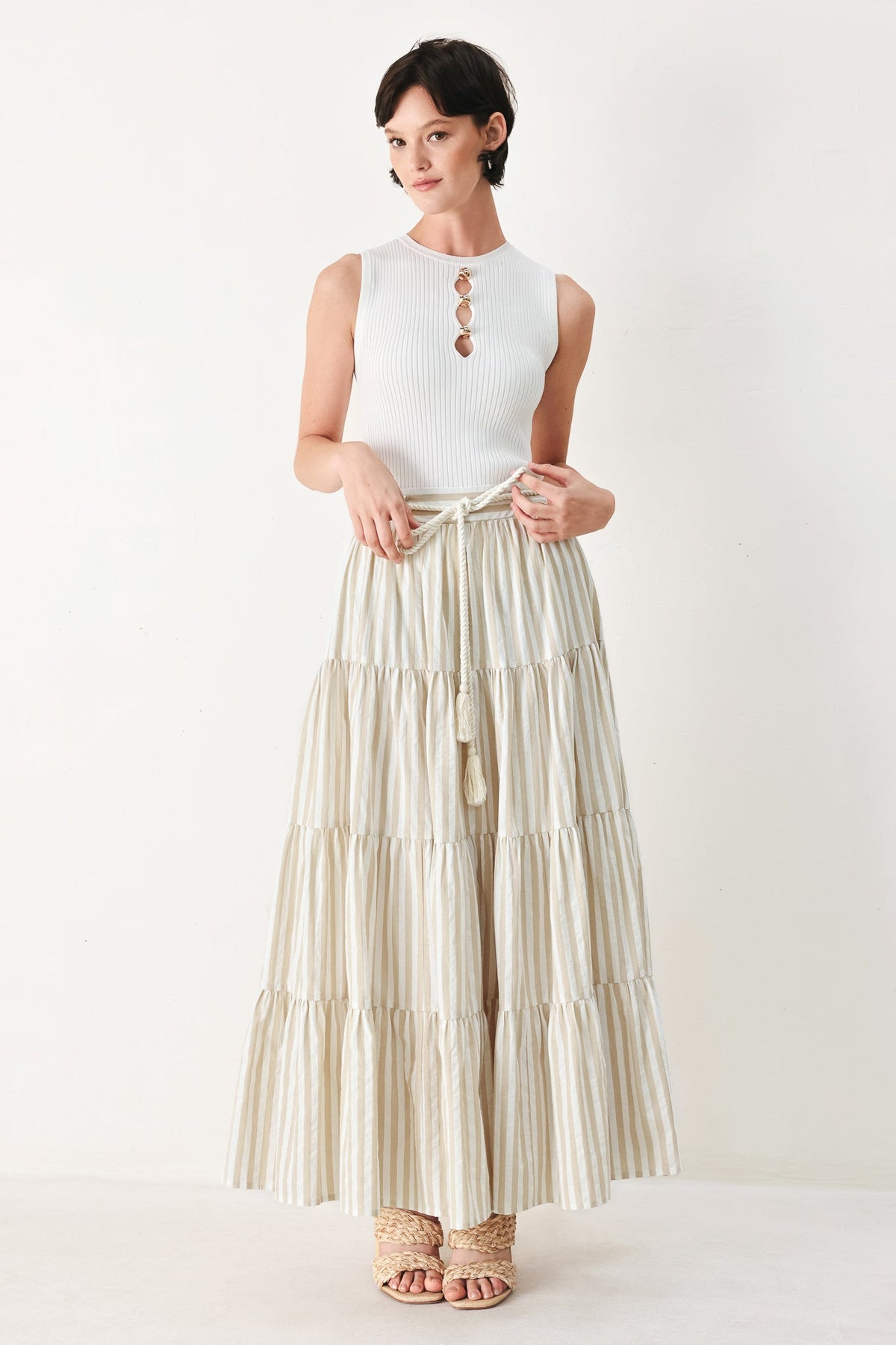 Hamptons Weekend Woven Maxi Skirt in taupe white, view 2 — Soul Flow Apparel