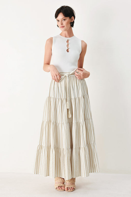 Hamptons Weekend Woven Maxi Skirt in taupe white, view 2 — Soul Flow Apparel