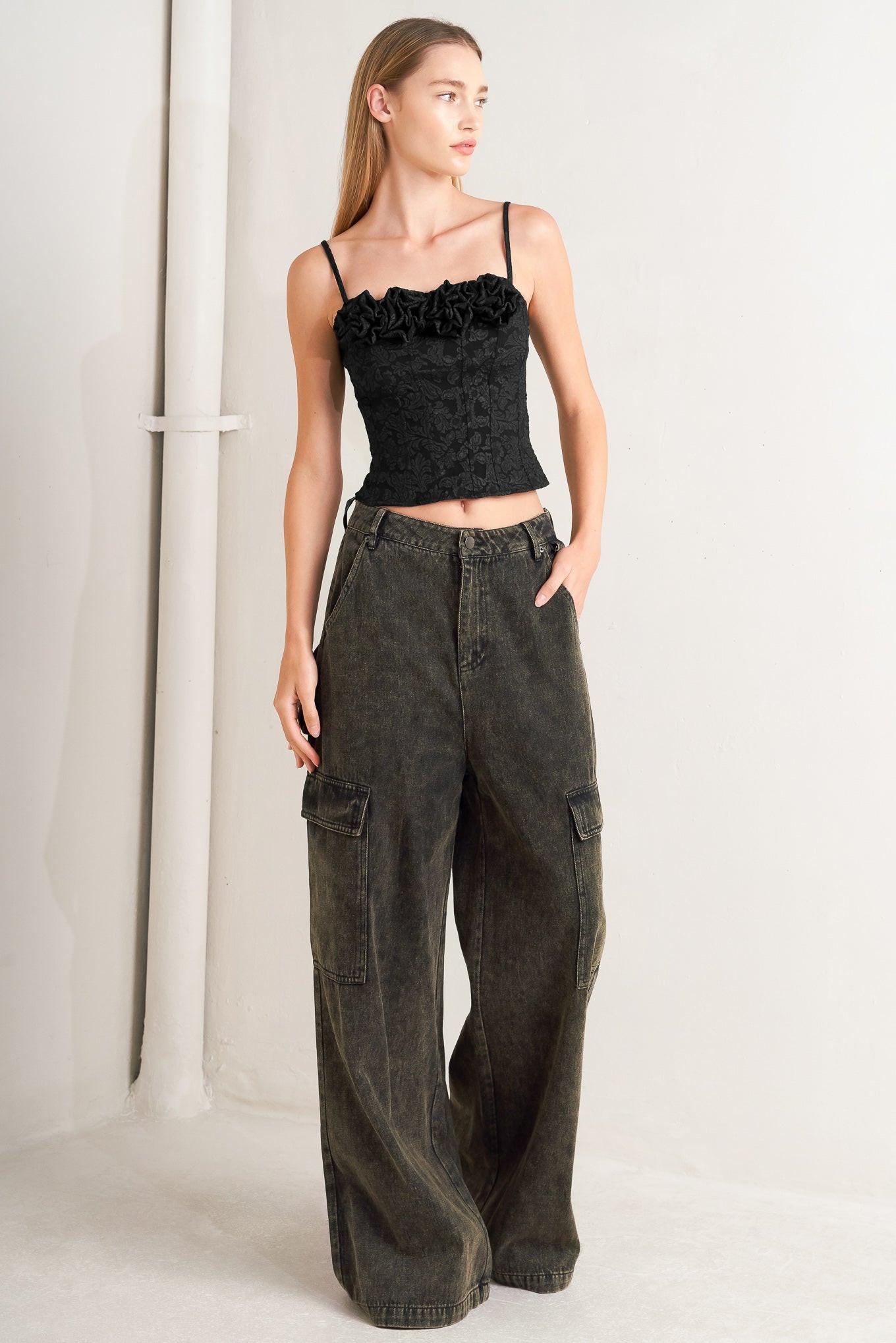 Can't Blame Me Gargo Denim Pants in black, view 6 — Soul Flow Apparel