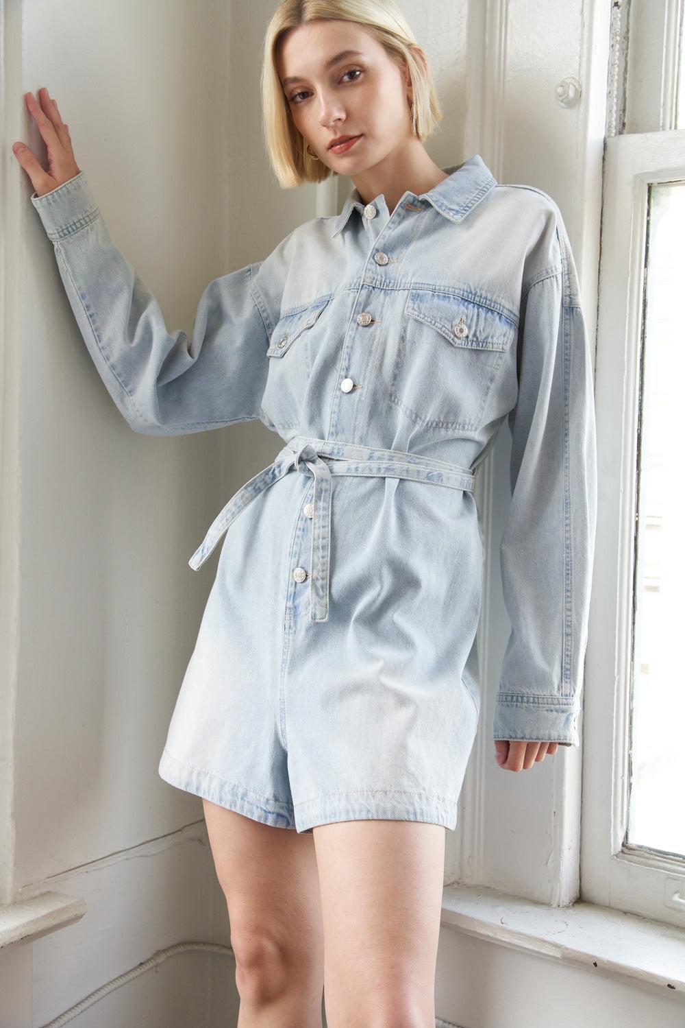 Turning Point Denim Romper, view 6 — Soul Flow Apparel