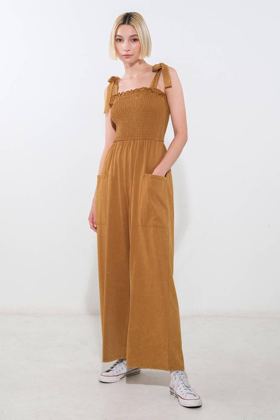 Trending Moment Knit Jumpsuit in camel, view 1 — Soul Flow Apparel