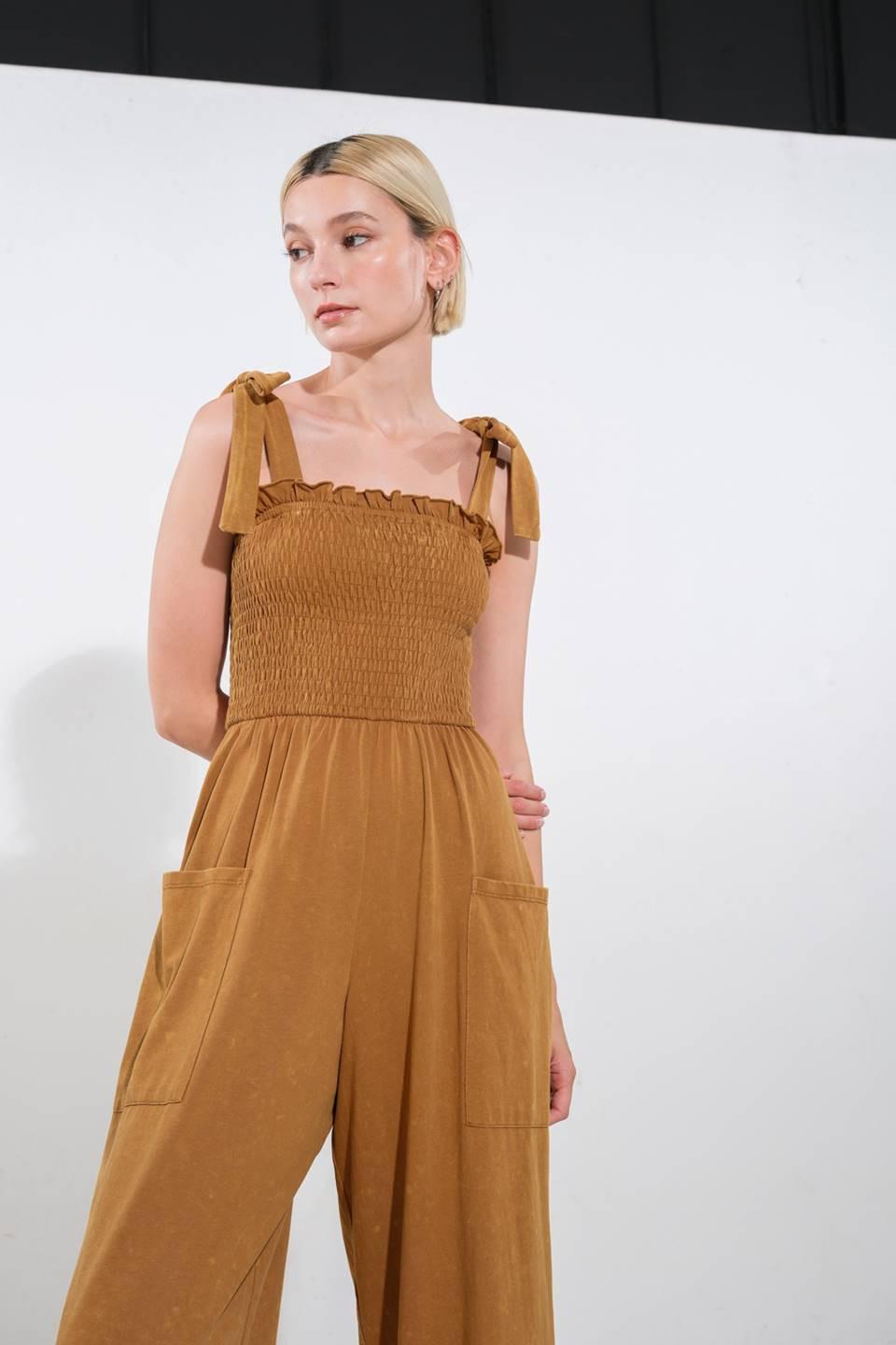 Trending Moment Knit Jumpsuit in camel, view 4 — Soul Flow Apparel